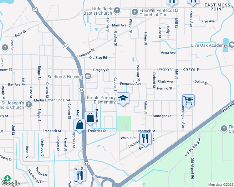 map of restaurants, bars, coffee shops, grocery stores, and more near 4300 Gautier Street in Moss Point