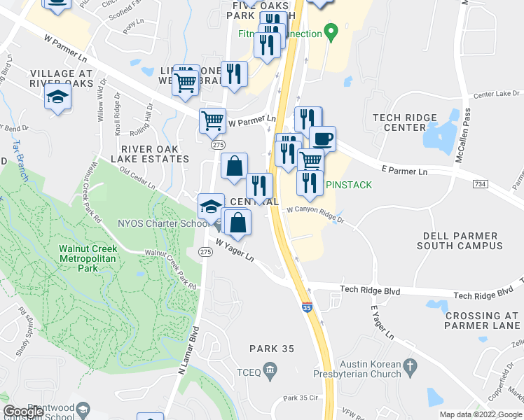 map of restaurants, bars, coffee shops, grocery stores, and more near 12400 Interstate 35 Frontage Road in Austin
