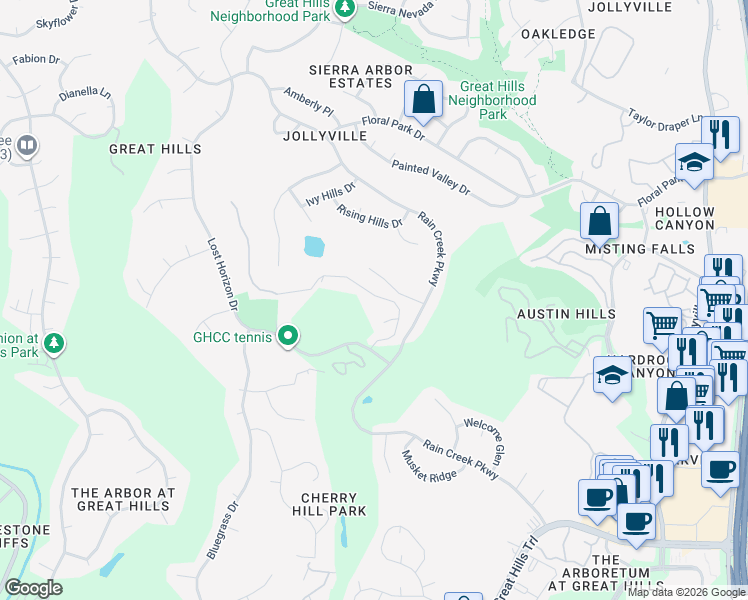 map of restaurants, bars, coffee shops, grocery stores, and more near 5727 Misty Hill Cove in Austin