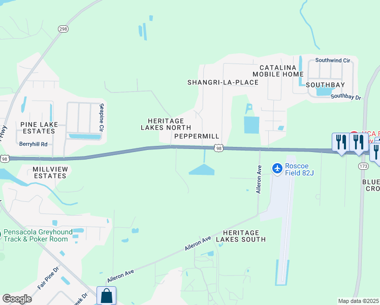 map of restaurants, bars, coffee shops, grocery stores, and more near 10075 US Highway 98 in Pensacola