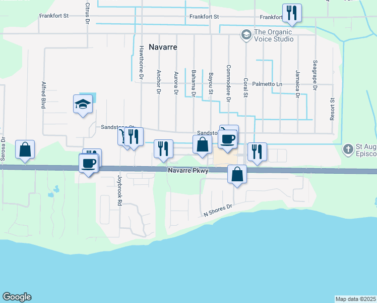 map of restaurants, bars, coffee shops, grocery stores, and more near 7463 Harvest Village Court in Navarre