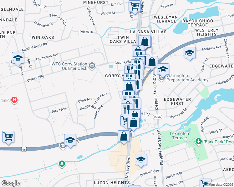map of restaurants, bars, coffee shops, grocery stores, and more near 23 Kennington Drive in Pensacola