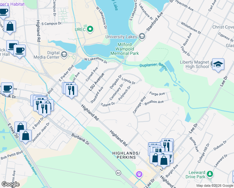 map of restaurants, bars, coffee shops, grocery stores, and more near 455 Centenary Drive in Baton Rouge