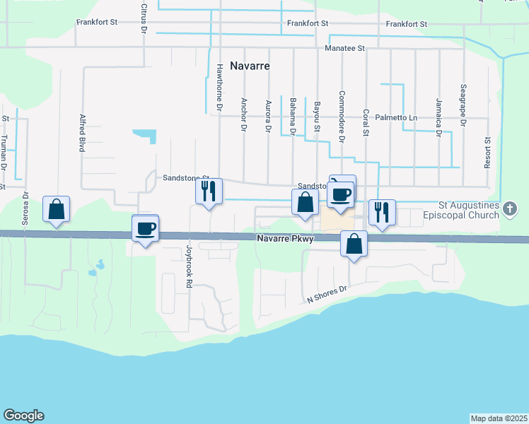 map of restaurants, bars, coffee shops, grocery stores, and more near 7443 Harvest Village Court in Navarre