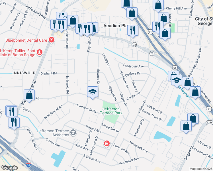 map of restaurants, bars, coffee shops, grocery stores, and more near 10196 Oliphant Road in Baton Rouge