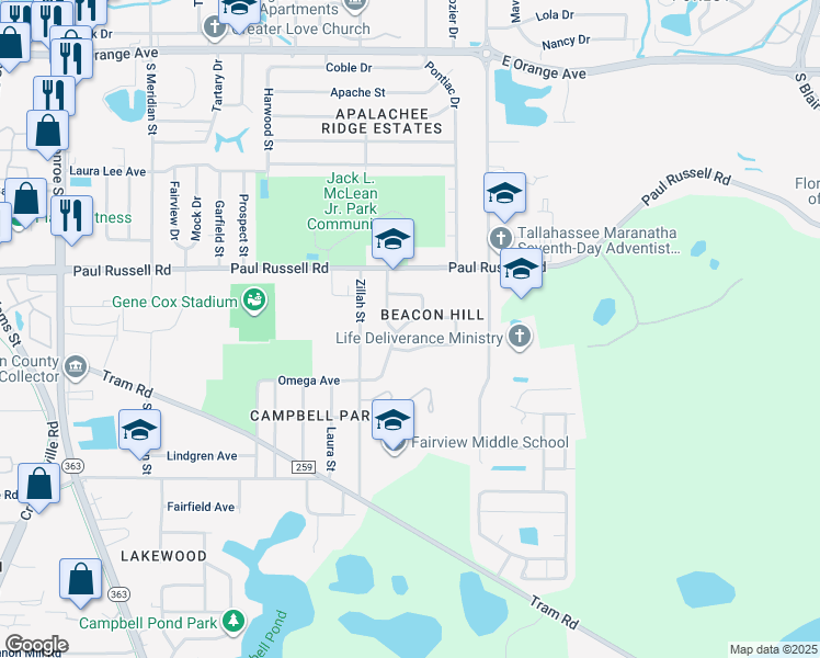 map of restaurants, bars, coffee shops, grocery stores, and more near 805 Bahama Drive in Tallahassee