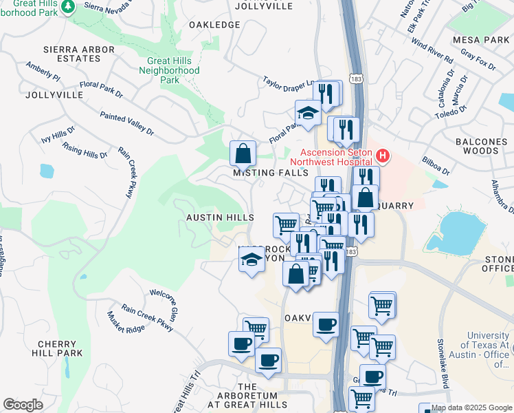 map of restaurants, bars, coffee shops, grocery stores, and more near 10519 Morado Circle in Austin