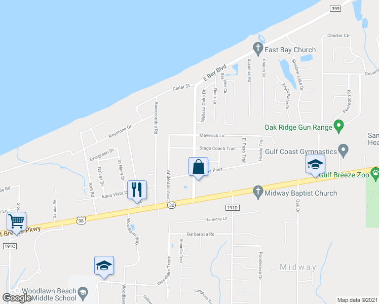 map of restaurants, bars, coffee shops, grocery stores, and more near 5337 Stage Coach Trail in Gulf Breeze