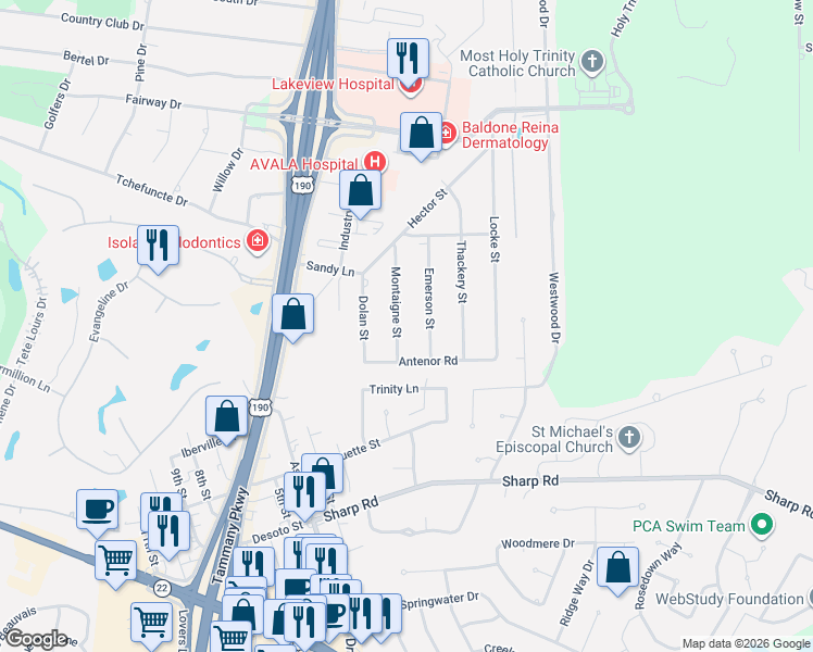 map of restaurants, bars, coffee shops, grocery stores, and more near 67070 Montaigne Street in Mandeville
