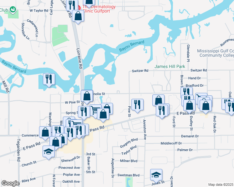 map of restaurants, bars, coffee shops, grocery stores, and more near 1634 Magnolia Street in Gulfport