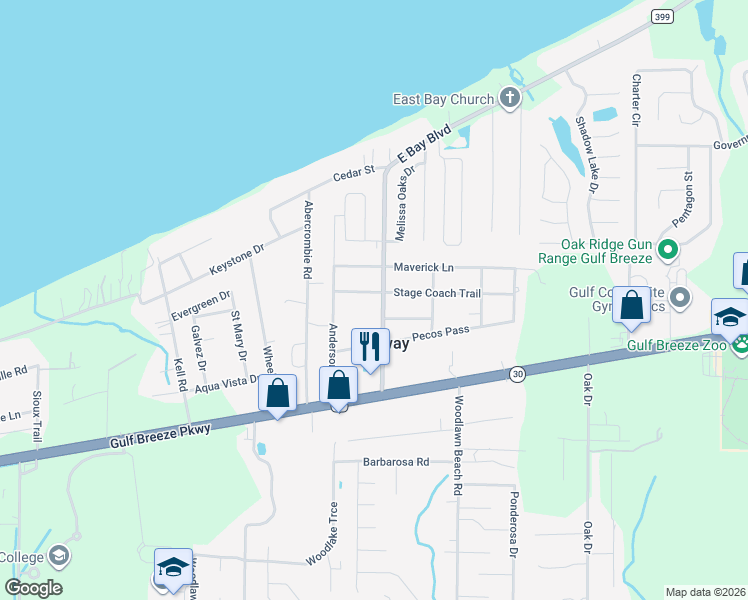 map of restaurants, bars, coffee shops, grocery stores, and more near 5337 Stage Coach Trail in Gulf Breeze