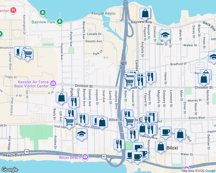 map of restaurants, bars, coffee shops, grocery stores, and more near 308 Santini St in Biloxi