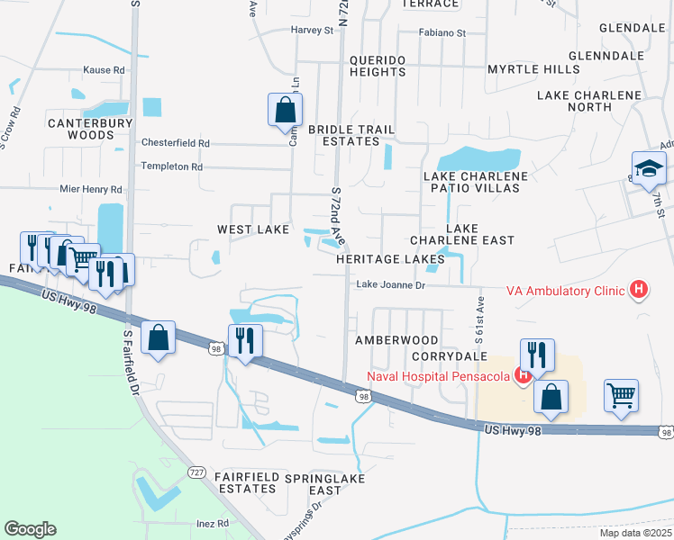 map of restaurants, bars, coffee shops, grocery stores, and more near 563 South 72nd Avenue in Pensacola