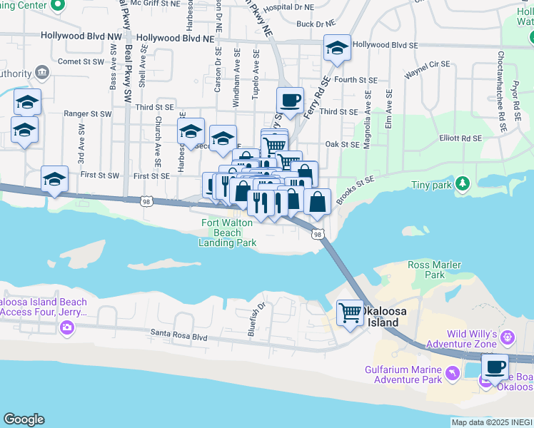 map of restaurants, bars, coffee shops, grocery stores, and more near 218 Miracle Strip Parkway Southeast in Fort Walton Beach