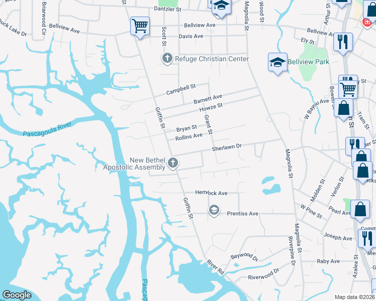 map of restaurants, bars, coffee shops, grocery stores, and more near 3501 Sherlawn Drive in Moss Point
