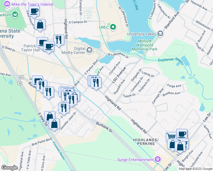 map of restaurants, bars, coffee shops, grocery stores, and more near 4435 Oxford Avenue in Baton Rouge