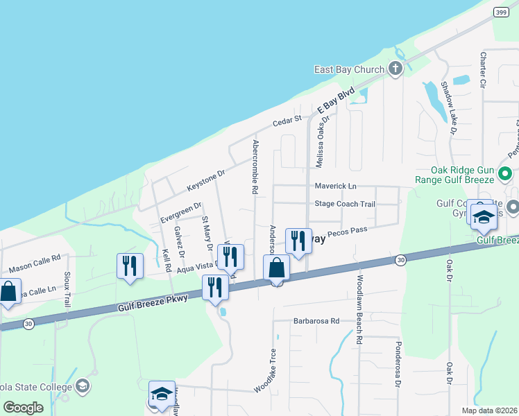 map of restaurants, bars, coffee shops, grocery stores, and more near 1854 Abercrombie Road in Gulf Breeze