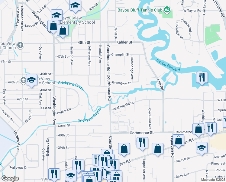map of restaurants, bars, coffee shops, grocery stores, and more near 1330-1338 Courthouse Road in Gulfport