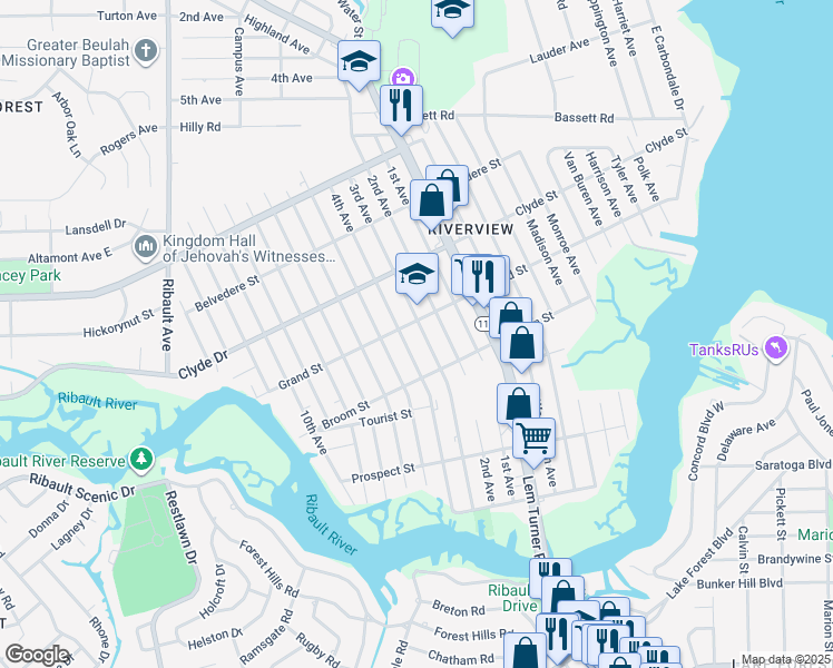 map of restaurants, bars, coffee shops, grocery stores, and more near 2207 Grand Street in Jacksonville