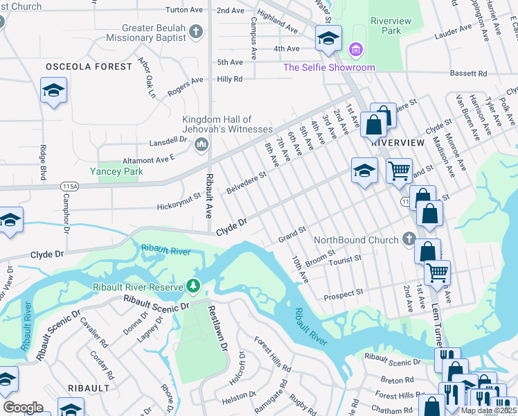 map of restaurants, bars, coffee shops, grocery stores, and more near 9111 11th Avenue in Jacksonville