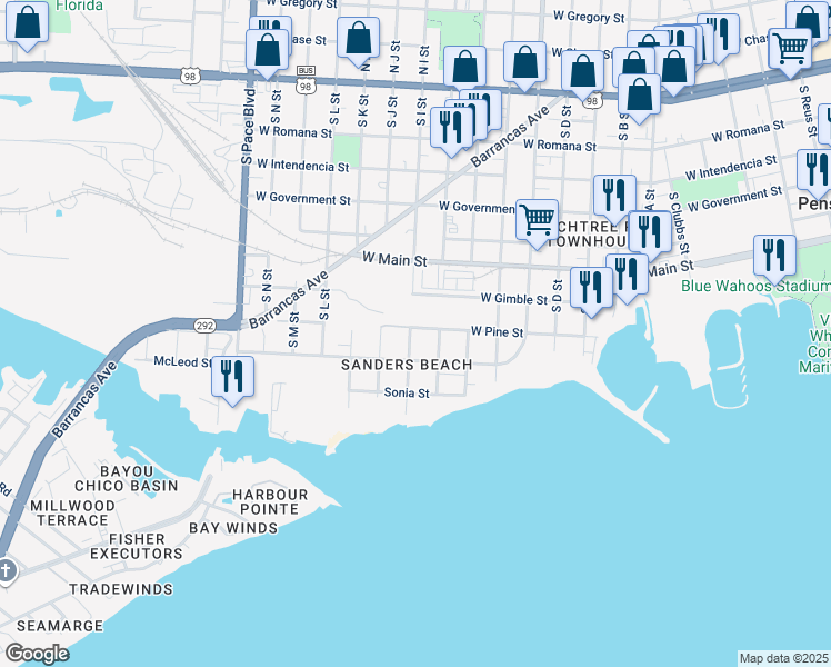 map of restaurants, bars, coffee shops, grocery stores, and more near 700 South I Street in Pensacola