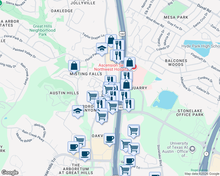 map of restaurants, bars, coffee shops, grocery stores, and more near 10937 Jollyville Road in Austin