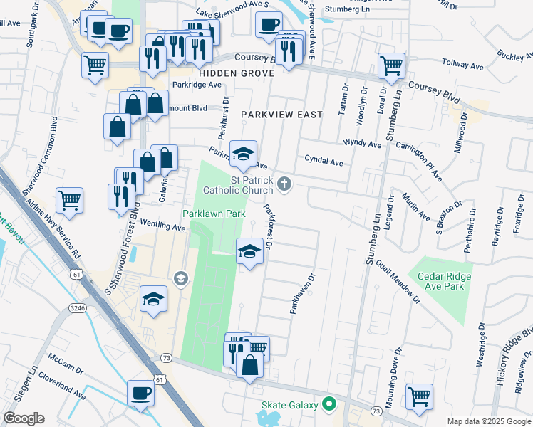 map of restaurants, bars, coffee shops, grocery stores, and more near 5322 Parkforest Drive in Baton Rouge