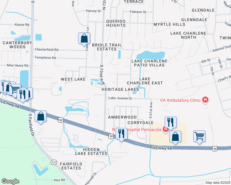 map of restaurants, bars, coffee shops, grocery stores, and more near 6911 Kitty Hawk Drive in Pensacola
