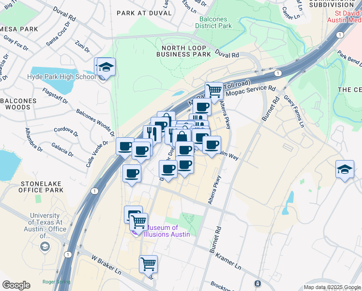 map of restaurants, bars, coffee shops, grocery stores, and more near 3200 Palm Way in Austin