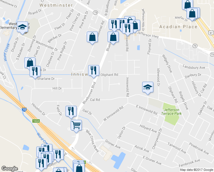 map of restaurants, bars, coffee shops, grocery stores, and more near 4912 Cottage Hill Drive in Baton Rouge