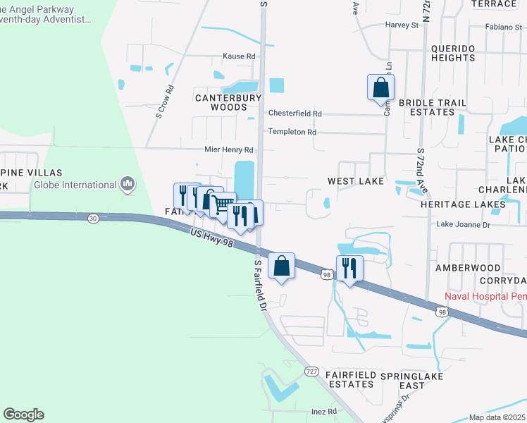 map of restaurants, bars, coffee shops, grocery stores, and more near 50 Villa Drive in Pensacola