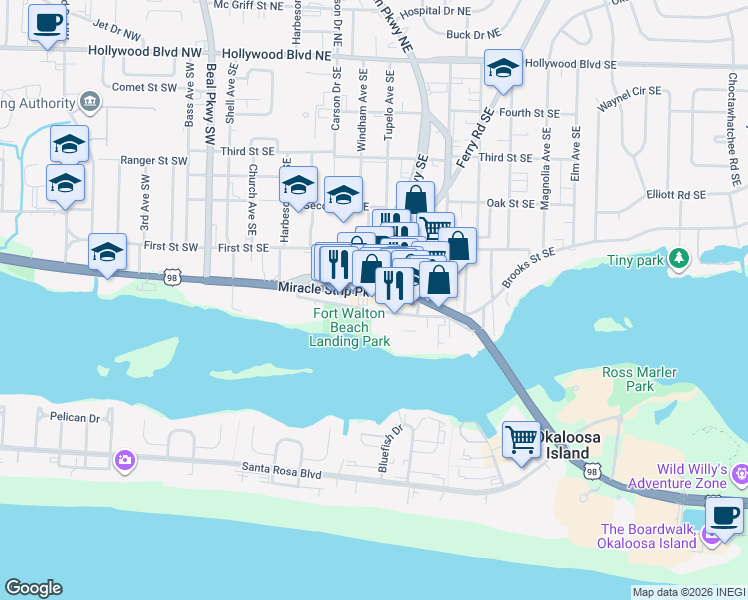 map of restaurants, bars, coffee shops, grocery stores, and more near 190 Miracle Strip Parkway Southeast in Fort Walton Beach
