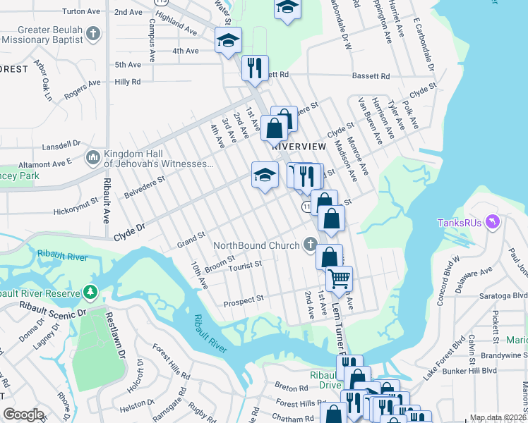 map of restaurants, bars, coffee shops, grocery stores, and more near 2207 Grand Street in Jacksonville