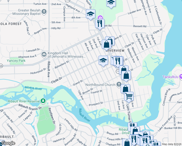 map of restaurants, bars, coffee shops, grocery stores, and more near 9031 6th Avenue in Jacksonville