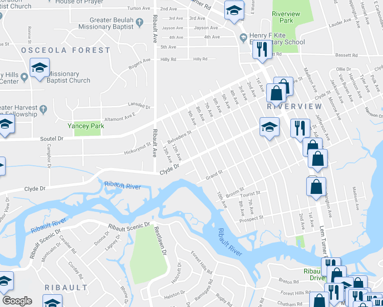 map of restaurants, bars, coffee shops, grocery stores, and more near 9115 11th Avenue in Jacksonville