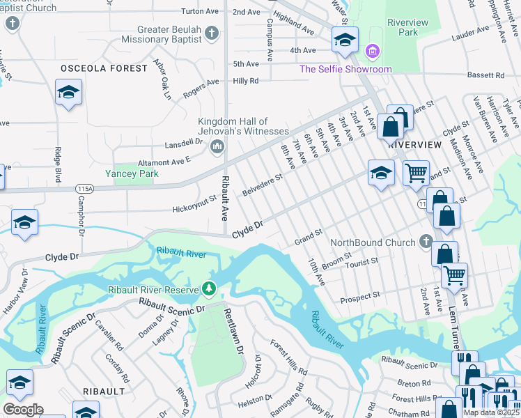 map of restaurants, bars, coffee shops, grocery stores, and more near 9115 11th Avenue in Jacksonville