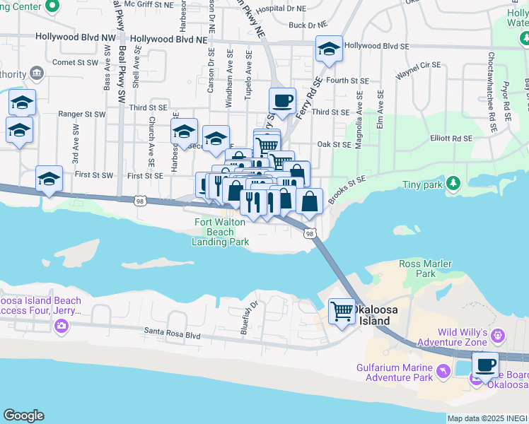 map of restaurants, bars, coffee shops, grocery stores, and more near 218 Miracle Strip Parkway Southeast in Fort Walton Beach