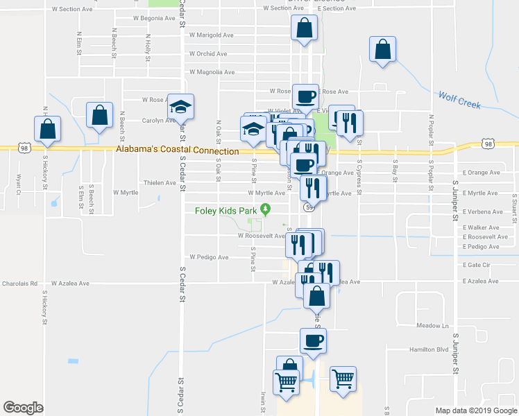 map of restaurants, bars, coffee shops, grocery stores, and more near 209 West Verbena Avenue in Foley