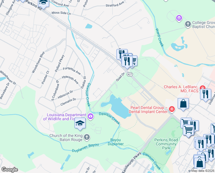 map of restaurants, bars, coffee shops, grocery stores, and more near 2415 Quail Drive in Baton Rouge