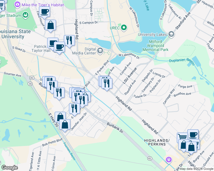map of restaurants, bars, coffee shops, grocery stores, and more near 4325 Highland Road in Baton Rouge