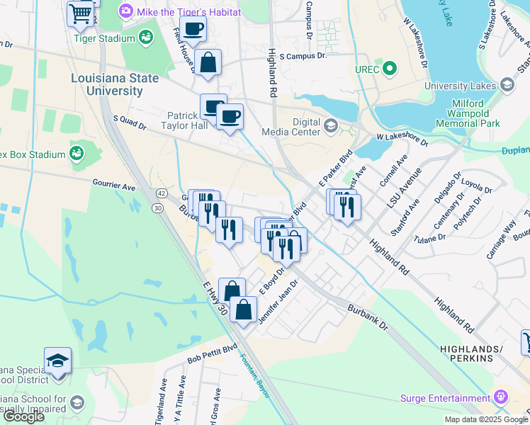 map of restaurants, bars, coffee shops, grocery stores, and more near in Baton Rouge