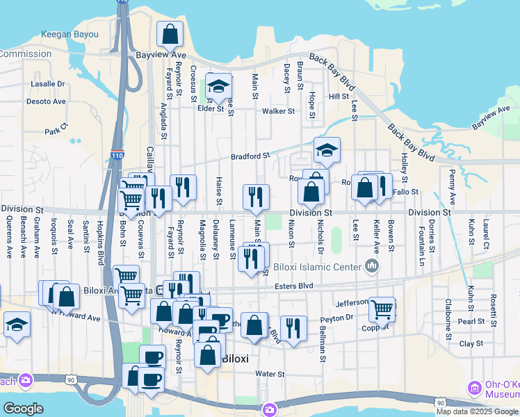 map of restaurants, bars, coffee shops, grocery stores, and more near 696 Division Street in Biloxi
