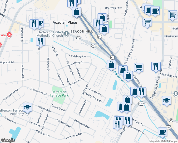 map of restaurants, bars, coffee shops, grocery stores, and more near 10656 Cal Road in Baton Rouge