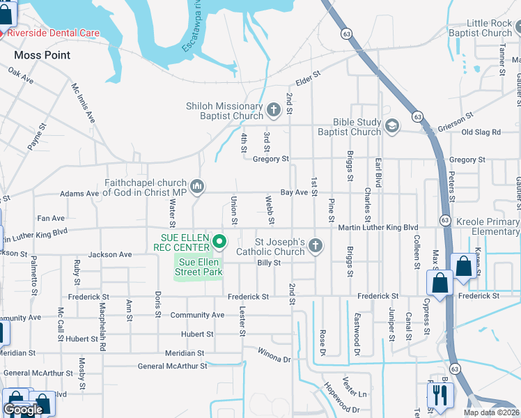 map of restaurants, bars, coffee shops, grocery stores, and more near 5331 James Street in Moss Point