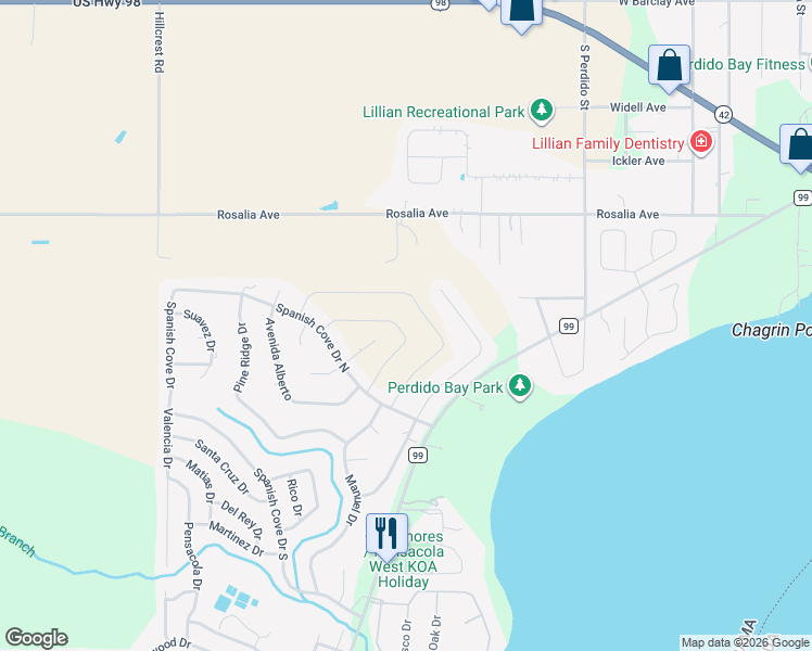 map of restaurants, bars, coffee shops, grocery stores, and more near 3228 Spanish Cove Drive North in Lillian