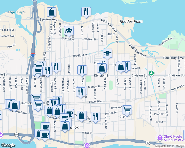 map of restaurants, bars, coffee shops, grocery stores, and more near 656 Division Street in Biloxi