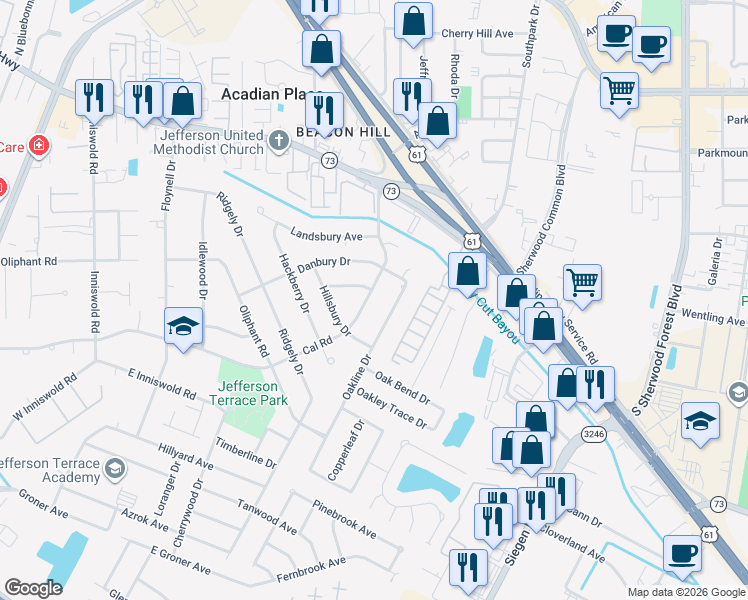map of restaurants, bars, coffee shops, grocery stores, and more near 10656 Cal Road in Baton Rouge