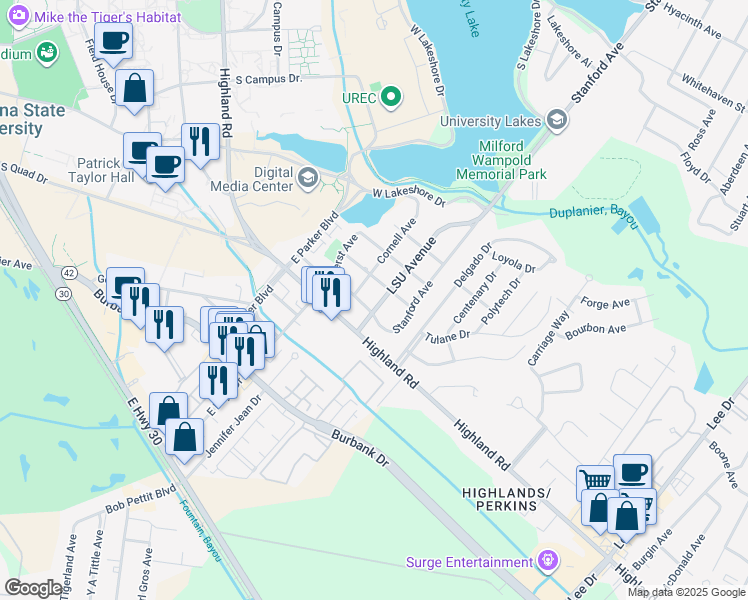 map of restaurants, bars, coffee shops, grocery stores, and more near 4435 Oxford Avenue in Baton Rouge