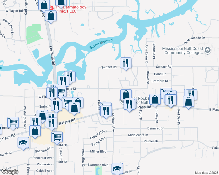 map of restaurants, bars, coffee shops, grocery stores, and more near 1306 Foxwood Place in Gulfport