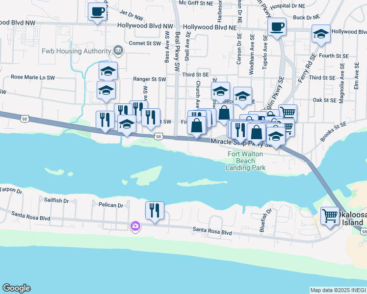 map of restaurants, bars, coffee shops, grocery stores, and more near 12 Miracle Strip Parkway Southeast in Fort Walton Beach
